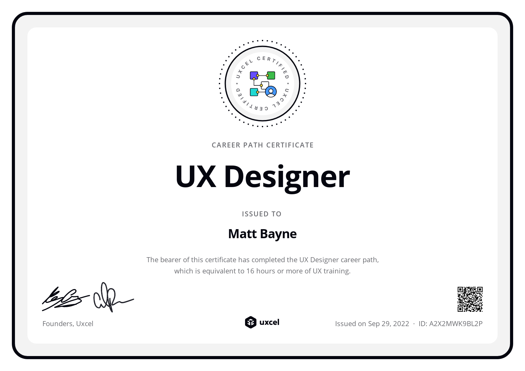 Matt Bayne's certificate
